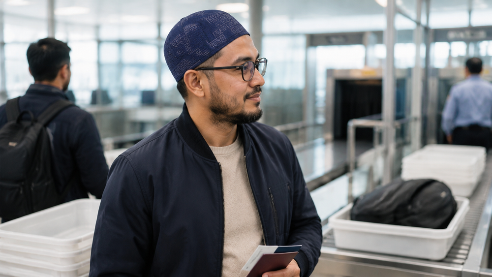 Muslim traveller wearing Arab Koofi Blue while preparing for airport security screening