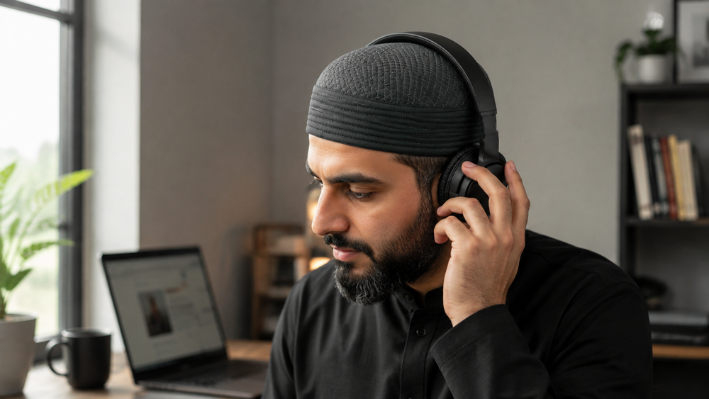 Man checking over-ear headphone fit over a dark grey embroidered Kufi in a natural home office