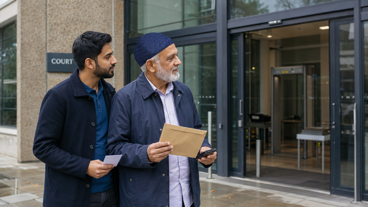 An older father wearing the Al-Banuri Dihya Koofi Blue prepares to enter an English court for jury service with his adult son