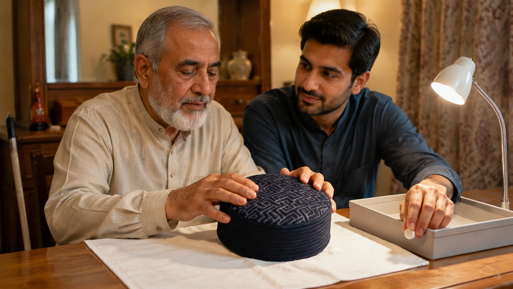 Father with low vision identifies a Jadeed Koofi Navy Blue while his son adds a tactile marker to its storage tray