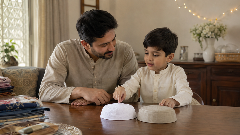 Pakistani father listening as his young son compares two Kufi caps at home before Eid