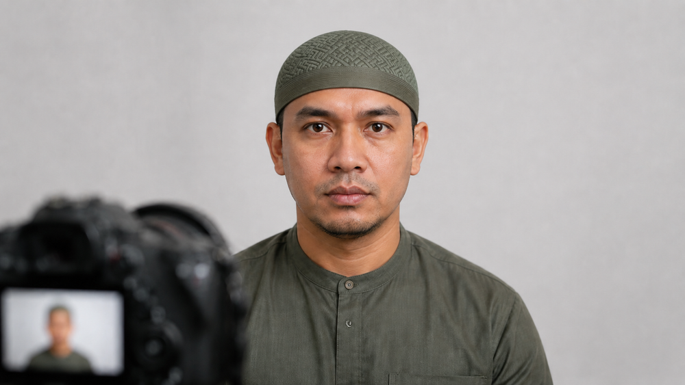 Original editorial illustration of a man wearing Jadeed Koofi Green during an evenly lit identity-photo preparation session
