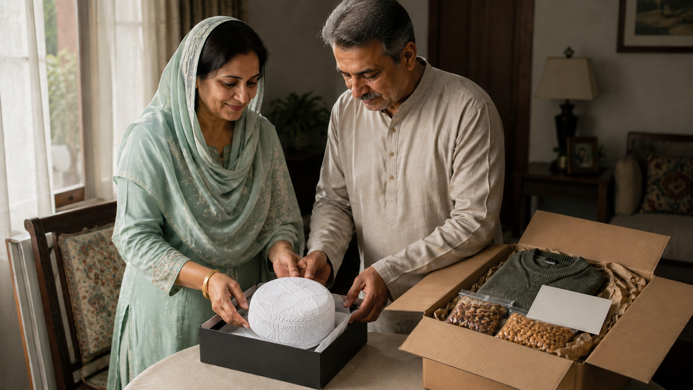 Pakistani parents packing a Malik Koofi White in a rigid inner box for their son’s university care parcel