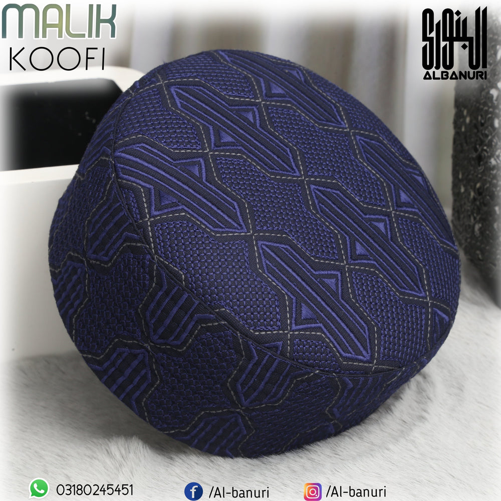 Authentic Malik Koofi Blue showing its rounded crown, embroidered panels and lower band for shelf-identification guidance