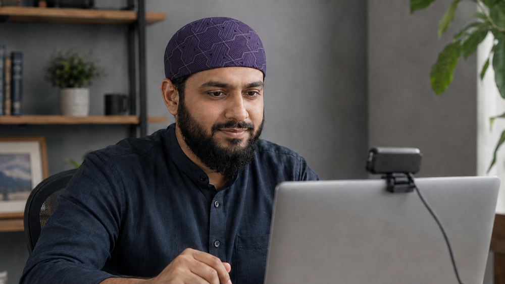 Original editorial illustration of a man checking full Kufi crown framing before a video call