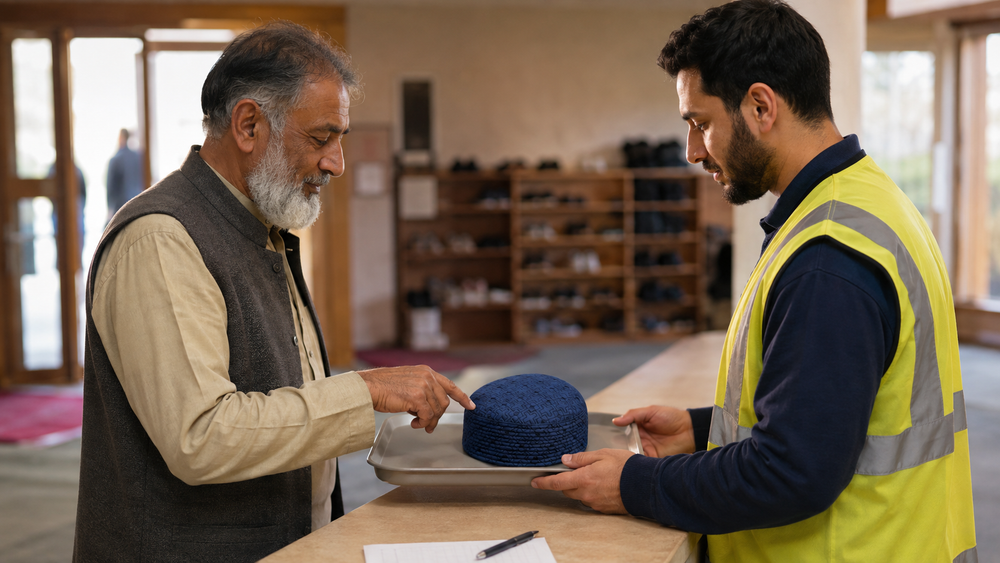 Mosque volunteer returns a found Bareerah Koofi Blue to its older owner after checking the cap’s distinctive stitching