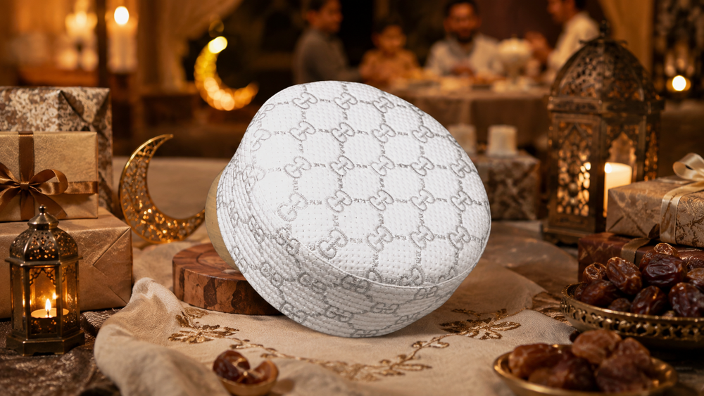 Ramadan and Eid Kufi cap gift guide using real Al-Banuri Gucci Koofi White