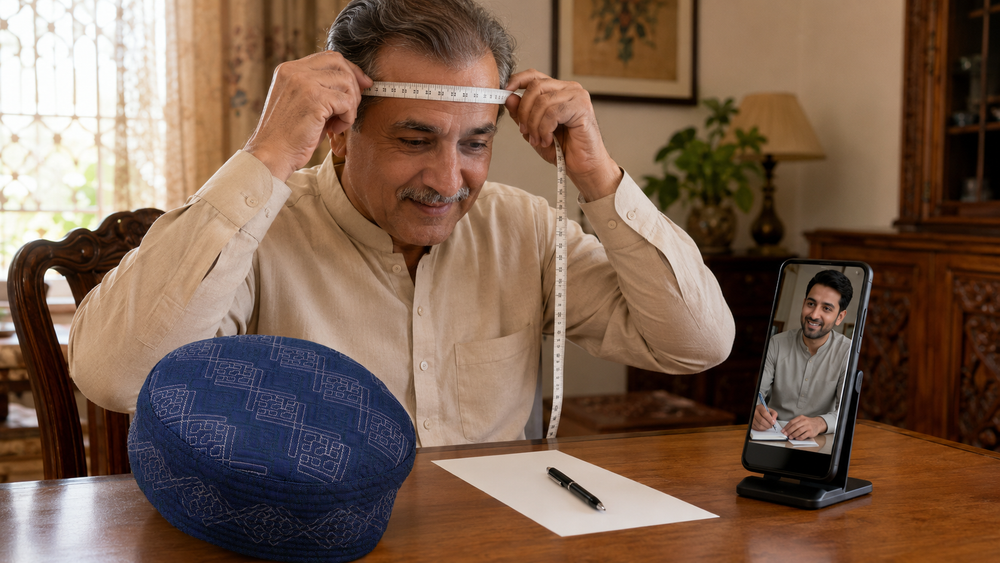 Father measures his head during a family video call beside an Al-Banuri Arab Koofi Blue for a remote Kufi size handoff