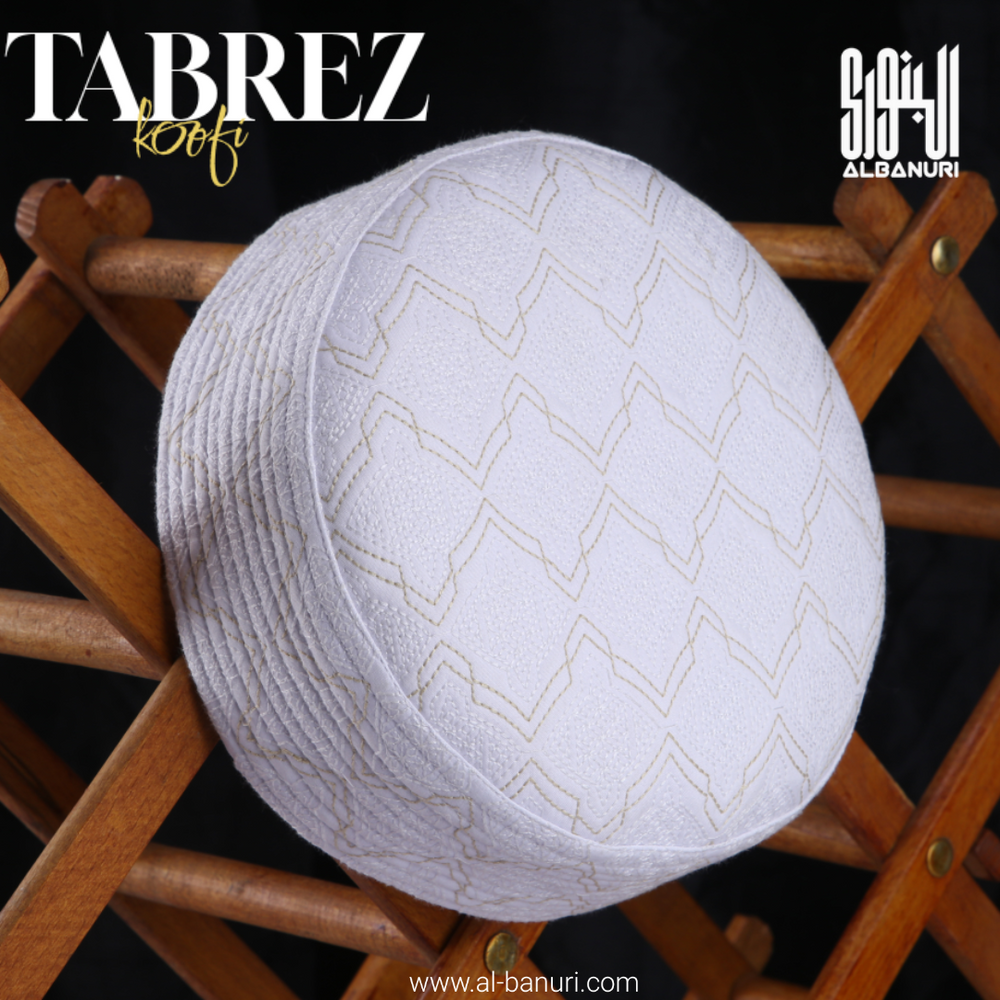 Authentic Tabrez Koofi White with rounded embroidered crown and patterned lower band for a responsible Kufi donation guide