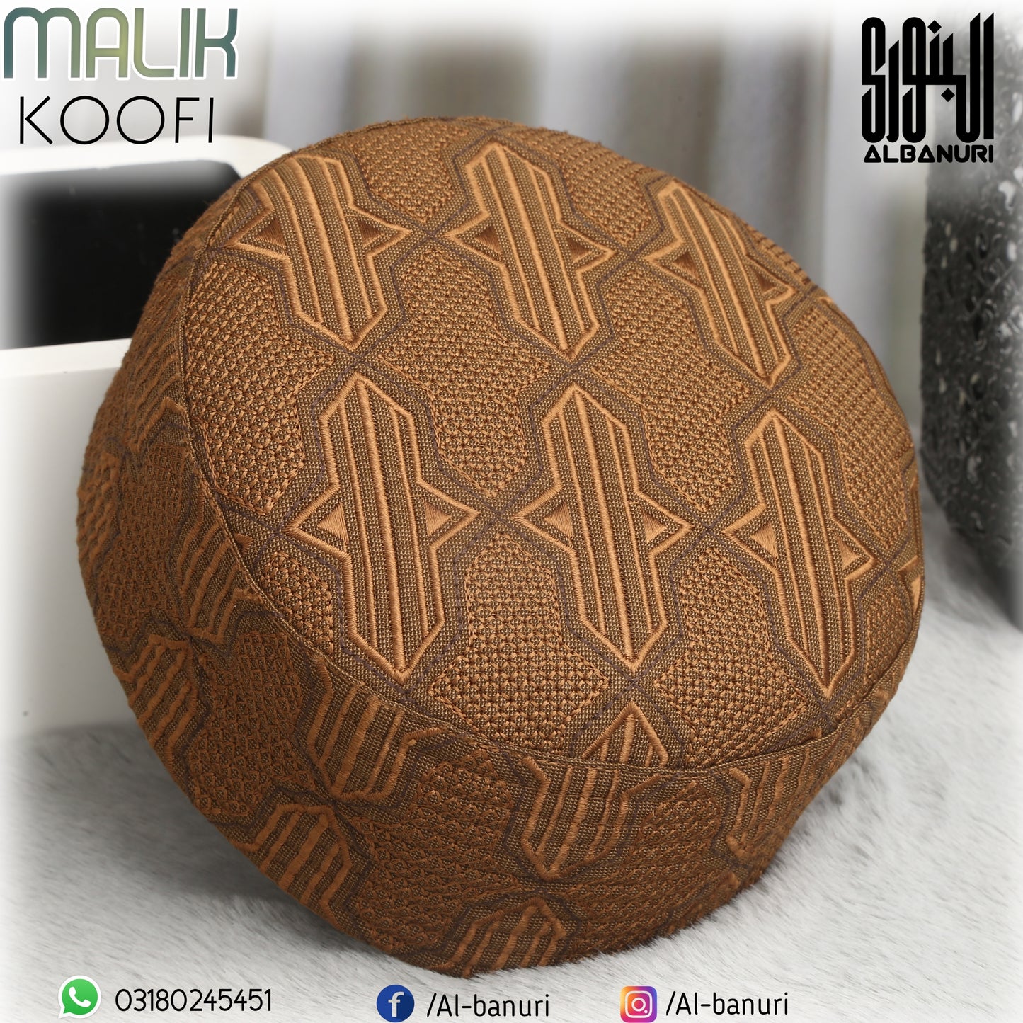 Malik Koofi Brown - Royal Embroidered Islamic Prayer Cap by Al-Banuri | Brown Namaz Topi | ملک کوفی بھورا | كوفية ملك بني