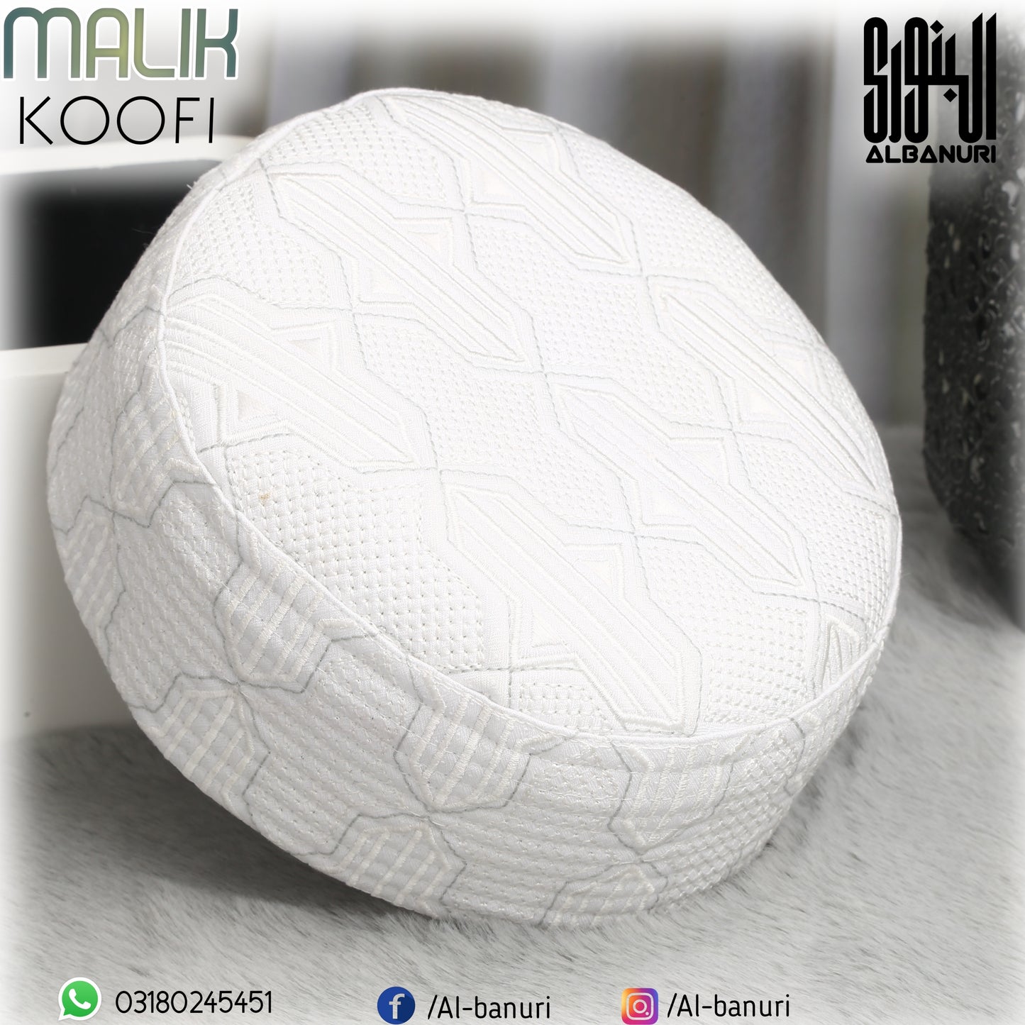Malik Koofi White - Royal Embroidered Islamic Prayer Cap by Al-Banuri | White Namaz Topi | ملک کوفی سفید | كوفية ملك أبيض