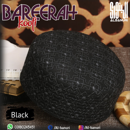 Authentic Al-Banuri Bareerah Koofi Black product photograph showing geometric embroidery for a Kufi stitching and seam inspection guide