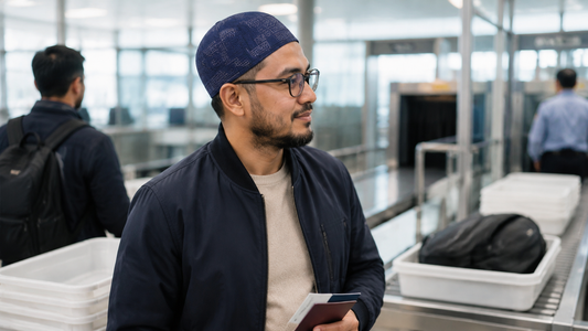 Muslim traveller wearing Arab Koofi Blue while preparing for airport security screening