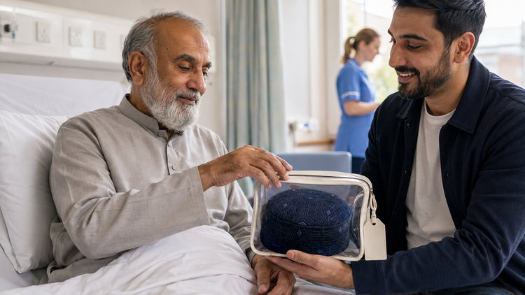 An adult son offers his father the Al-Banuri Laun Koofi Blue in a labelled pouch during a hospital visit