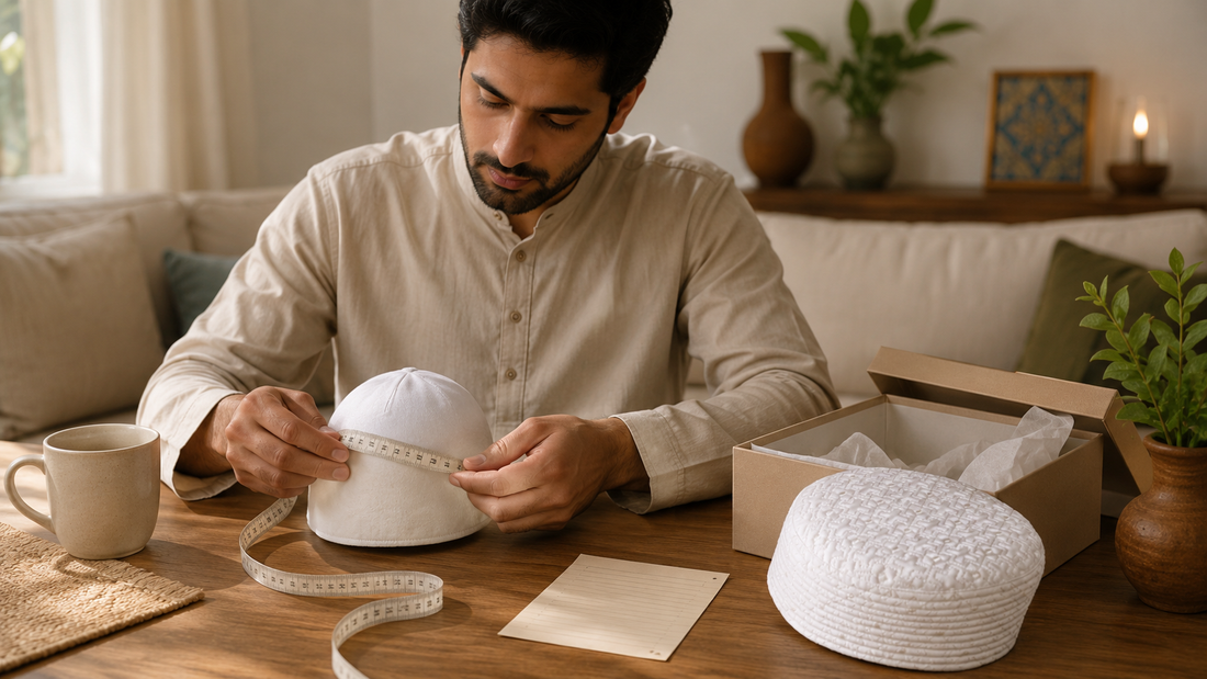 Gift buyer comparing an existing cap measurement before choosing Bareerah Koofi White