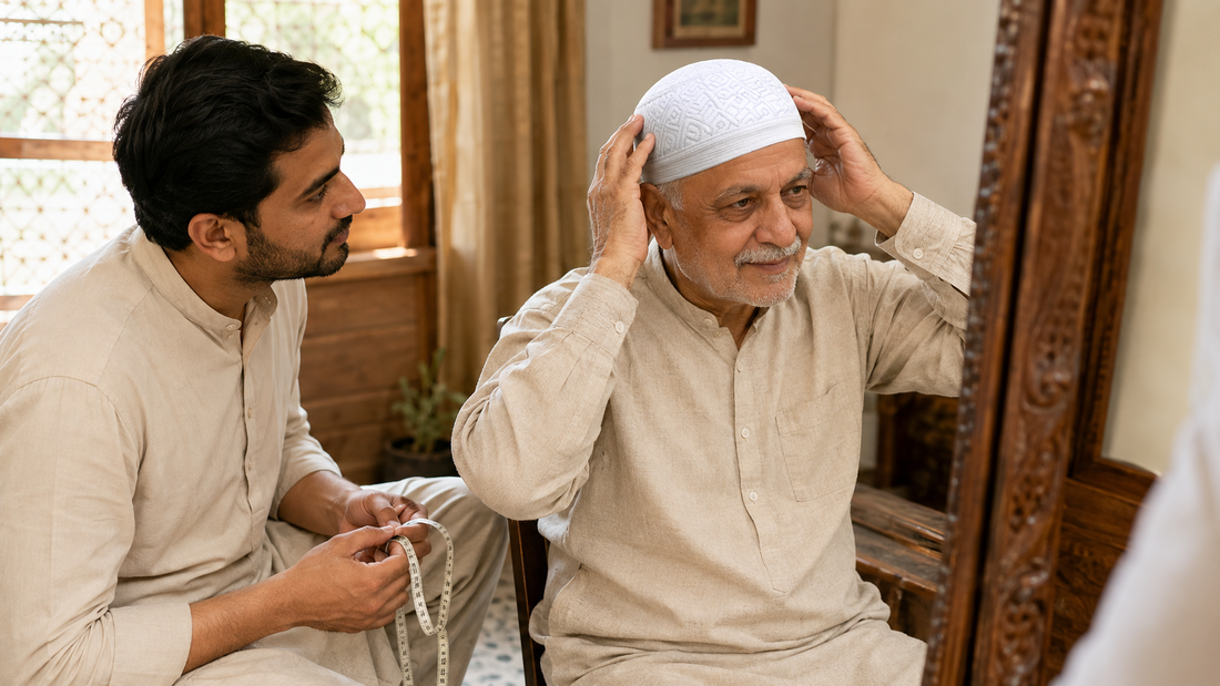 Older father independently checks the fit of Jadeed Koofi White while his adult son listens with a measuring tape