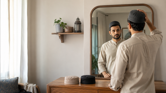 Original editorial illustration of a man choosing between generic Kufi caps before a community gathering