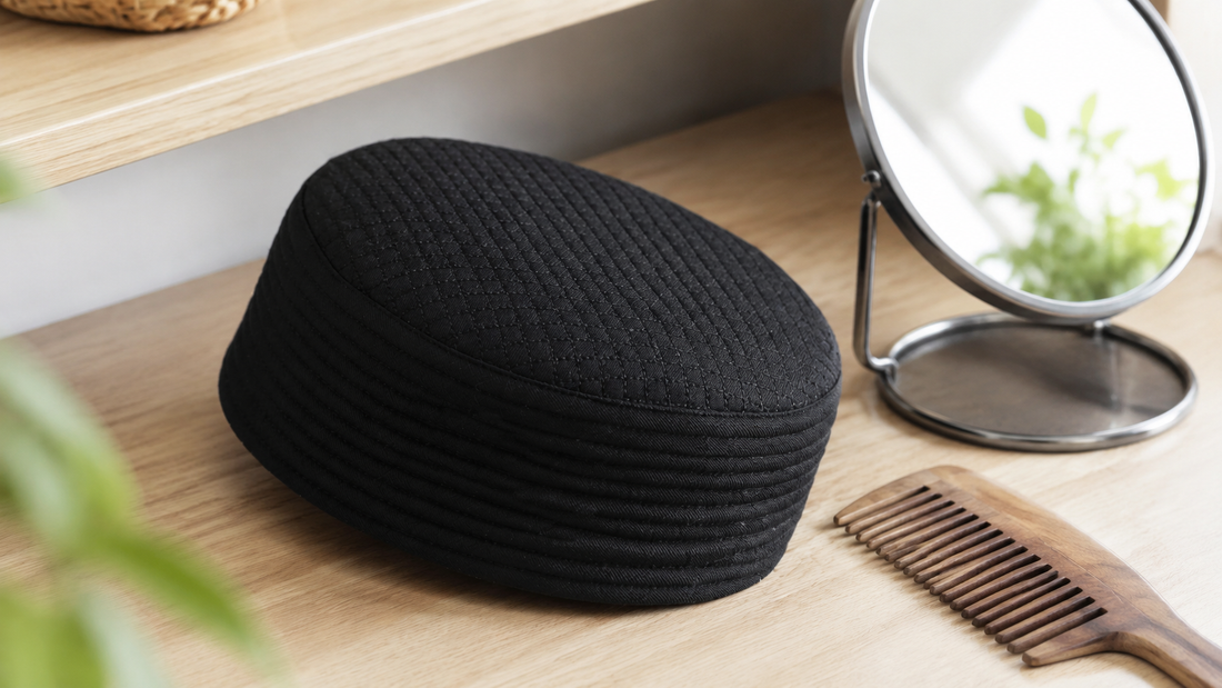 Original editorial illustration of Dinaar Koofi Black beside a mirror and wide-tooth comb for a fit and hair-care check