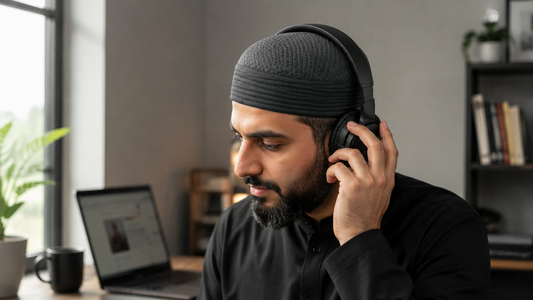 Man checking over-ear headphone fit over a dark grey embroidered Kufi in a natural home office