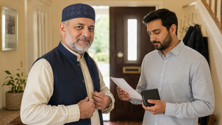 A father wearing the Al-Banuri Gucci Koofi Blue prepares for his British citizenship ceremony with his adult son