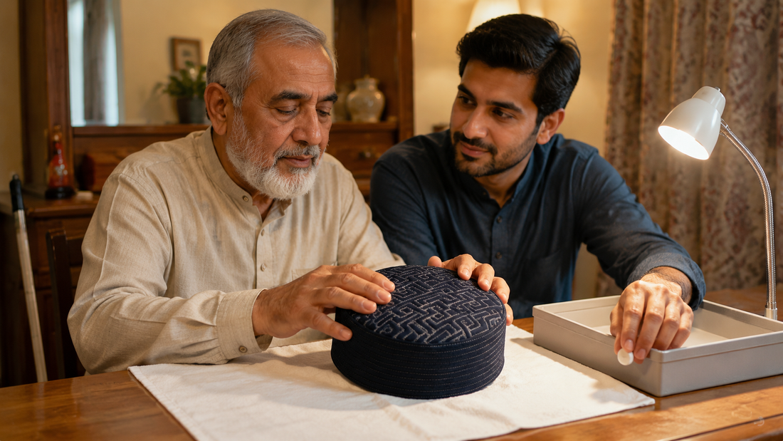 Father with low vision identifies a Jadeed Koofi Navy Blue while his son adds a tactile marker to its storage tray