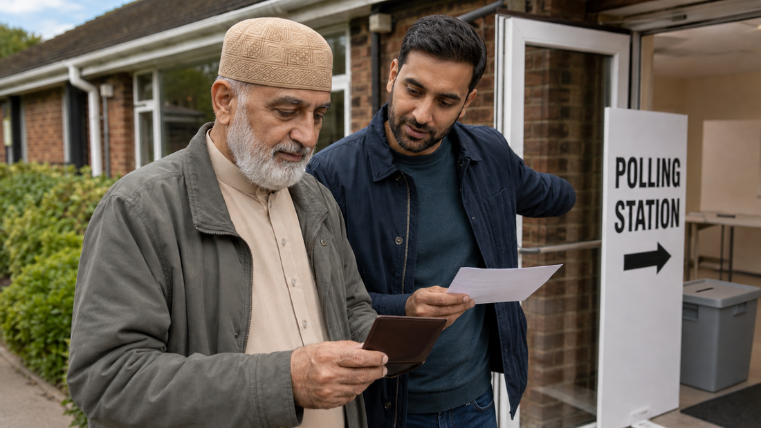 A father wearing the Al-Banuri Arab Koofi Mustard checks his photo ID with his adult son outside an English polling station