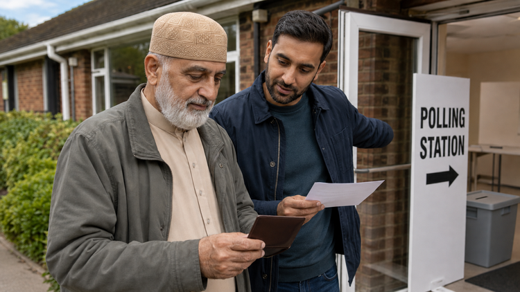 A father wearing the Al-Banuri Arab Koofi Mustard checks his photo ID with his adult son outside an English polling station