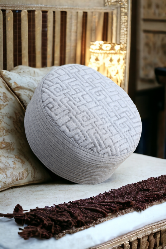 Authentic Jadeed Koofi Grey showing its rounded embroidered crown and lower band for a school and madrasa name-labelling guide