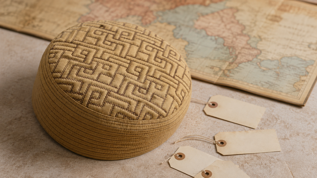 Original editorial illustration of Jadeed Koofi Mustard beside a world map and blank regional name tags