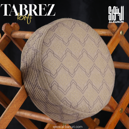 Authentic Tabrez Koofi Beige showing the embroidered crown, lower edge and shape discussed in the Kufi fit guide