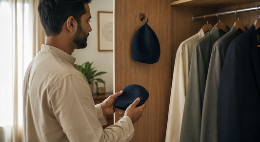 Original editorial illustration of a person choosing a generic Kufi cap for repeated wear across everyday occasions