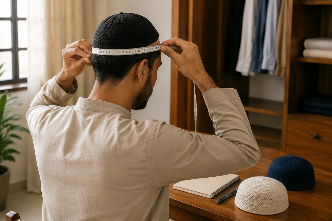 Original editorial illustration of an adult measuring head circumference before choosing a generic Kufi cap