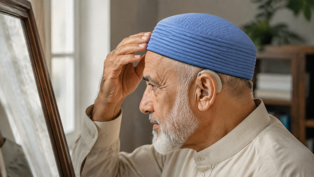 Editorial illustration of a man checking the clearance between a sky-blue Kufi and a behind-the-ear hearing aid