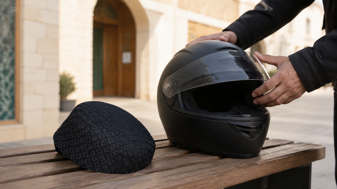 Editorial illustration of a Dihya Koofi Black placed beside a motorcycle helmet before a ride