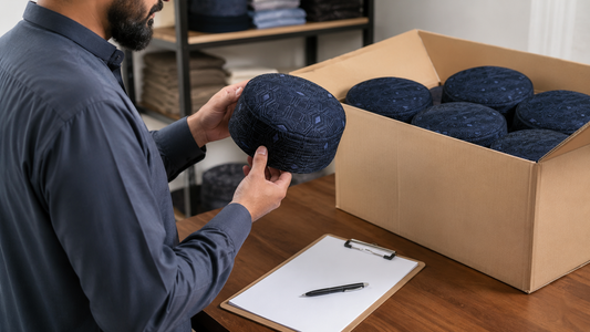 Retailer inspecting Laun Koofi Blue caps beside an open wholesale carton and blank receiving checklist; editorial composite
