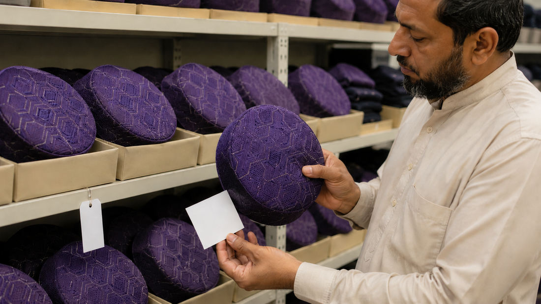 Shopkeeper sorting exact Malik Koofi Purple stock into separate trays with blank inventory tags