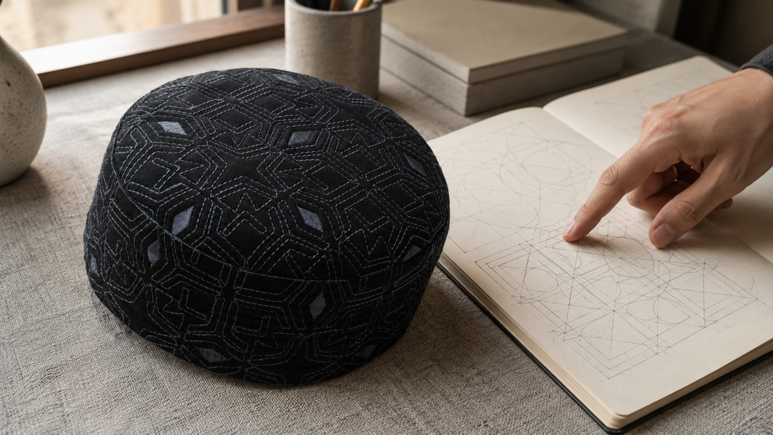 Original editorial illustration of Laun Koofi Black beside a sketchbook of geometric construction grids