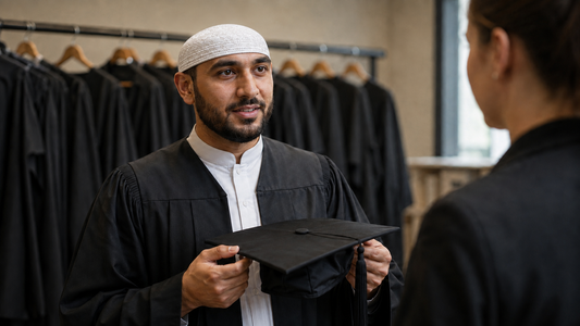 Original editorial illustration of a graduate wearing Laun Koofi White while confirming mortarboard rules