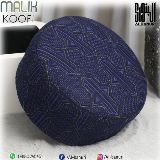 Authentic Malik Koofi Blue showing its rounded crown, embroidered panels and lower band for shelf-identification guidance