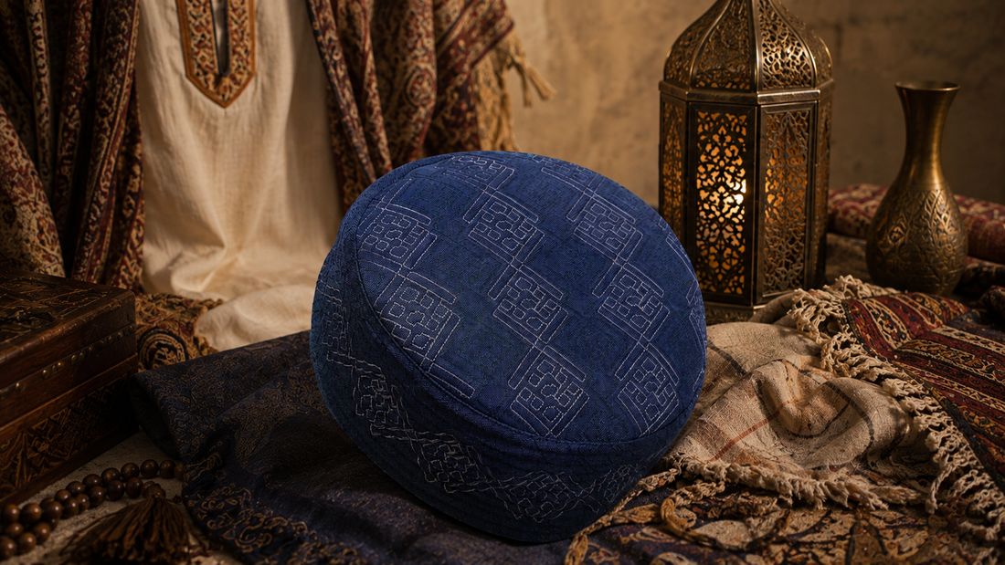 Namaz Topi Kufi and Taqiyah guide using real Al-Banuri Arab Koofi Blue