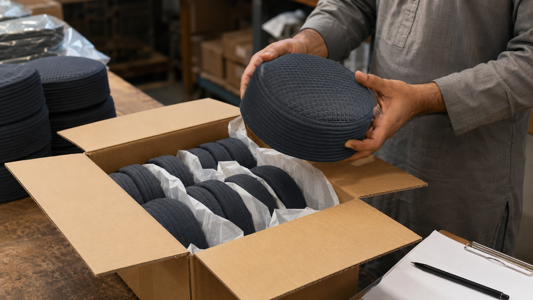 Worker checking exact Dinaar Koofi Dark Grey crowns inside a partitioned wholesale shipping carton
