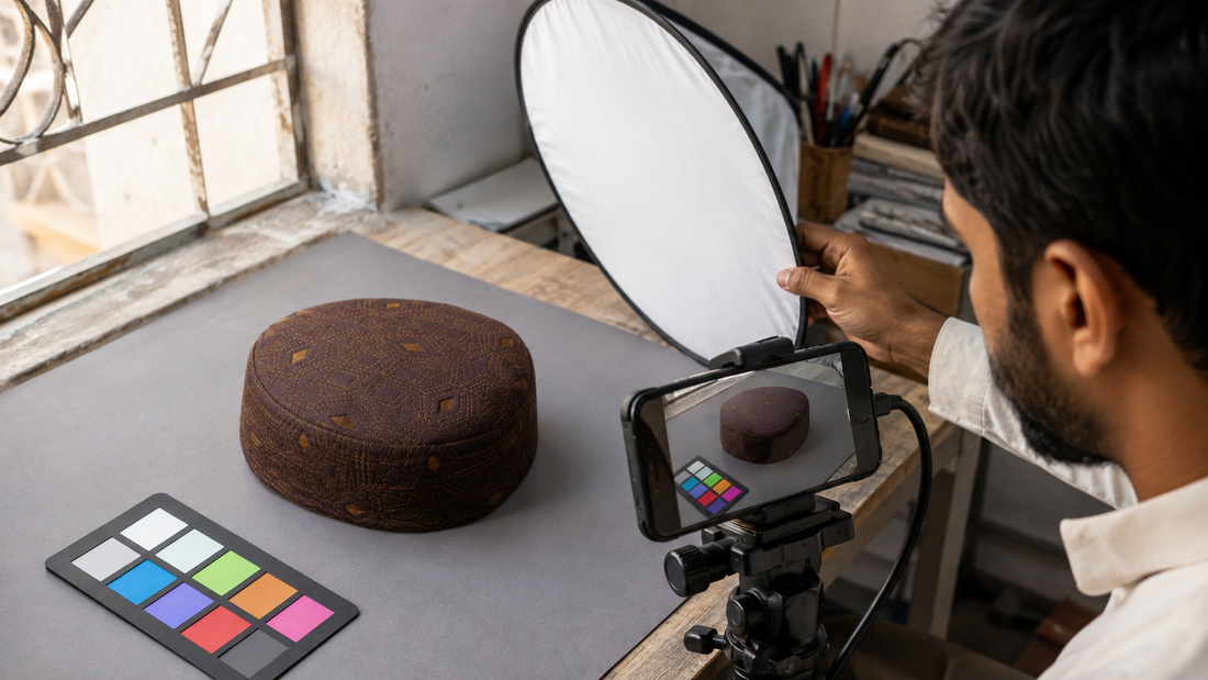 Laun Koofi Brown photographed beside a colour card and reflector for accurate sample approval