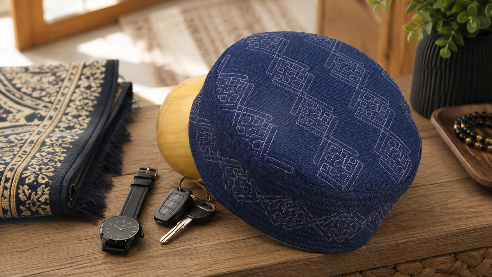 Prayer preparation routine using real Al-Banuri Arab Koofi Blue