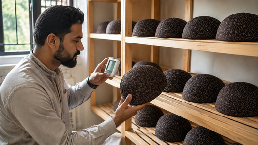 Retailer checking humidity beside spaced Bareerah Koofi Brown caps on ventilated shelves; editorial composite