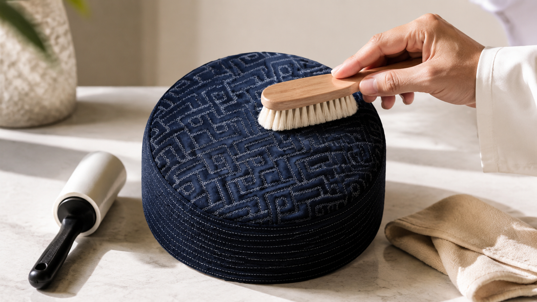 Removing dust and lint from Jadeed Koofi Navy Blue embroidery
