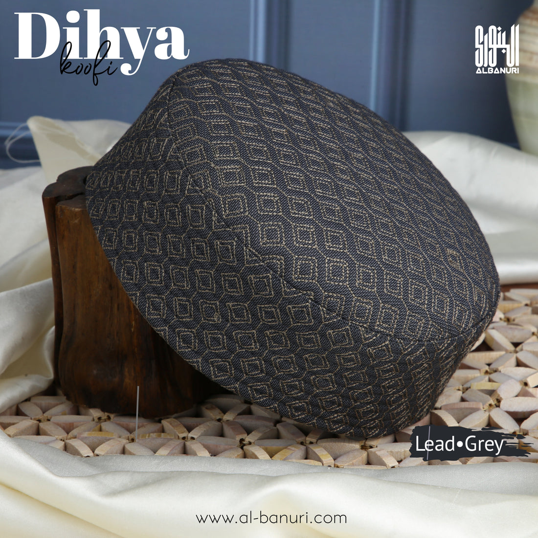 Authentic Al-Banuri Dihya Koofi Lead Grey product photograph illustrating a structured Kufi silhouette for a wholesale sample approval checklist