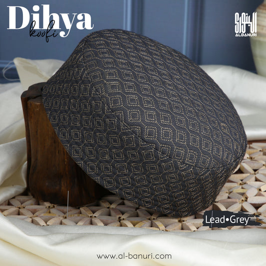 Authentic Al-Banuri Dihya Koofi Lead Grey product photograph illustrating a structured Kufi silhouette for a wholesale sample approval checklist