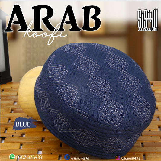 Authentic Al-Banuri Arab Koofi Blue product photograph illustrating the exact Kufi design that should be linked to a group size sheet