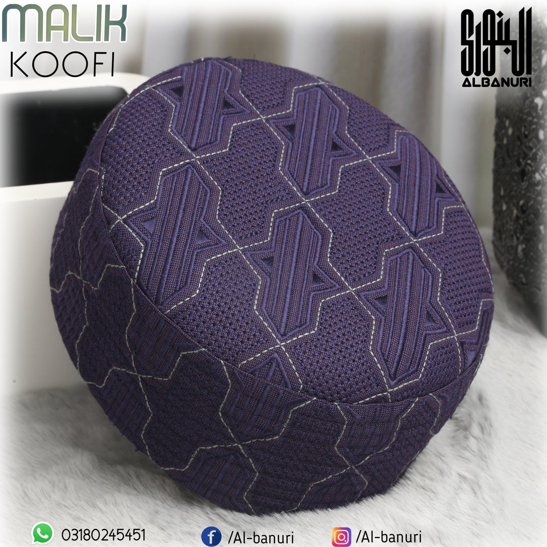 Royal purple Malik Kufi cap by Al-Banuri — premium wholesale stock for Islamic retailers