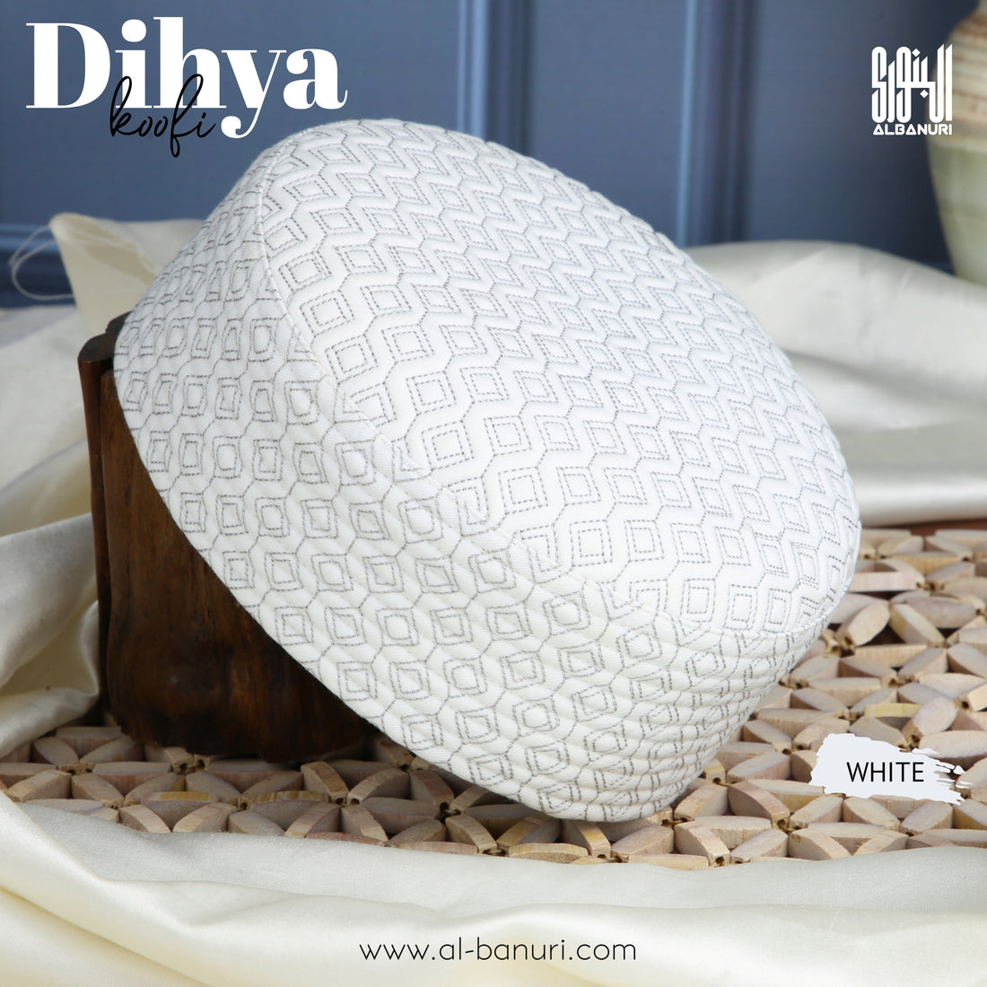 Dihya Koofi White premium Islamic Kufi cap by Al-Banuri in a structured white design